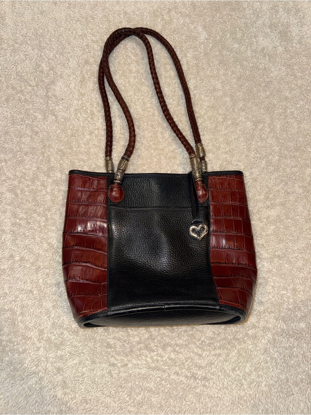 1996 Brighton Melanie Heart Bucket Black & Brown Bag 11” X 9.5” X 4” w/ ❤️ charm
